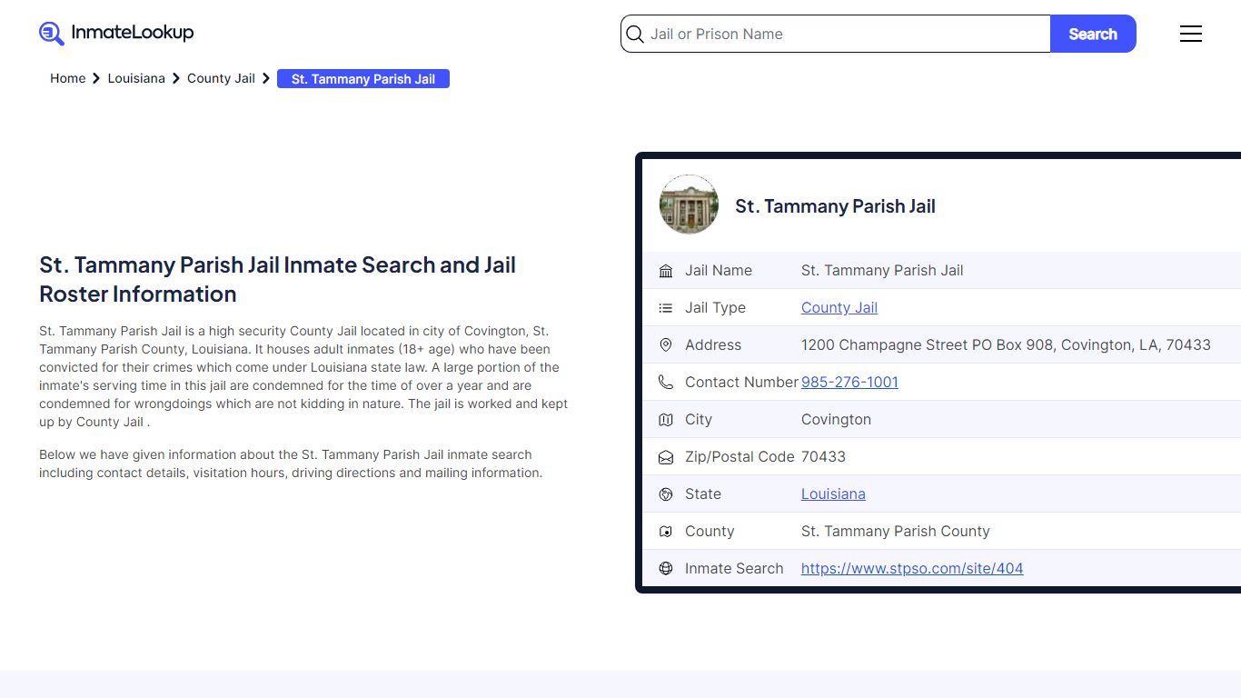 St. Tammany Parish Jail Inmate Search - Covington Louisiana - Inmate Lookup