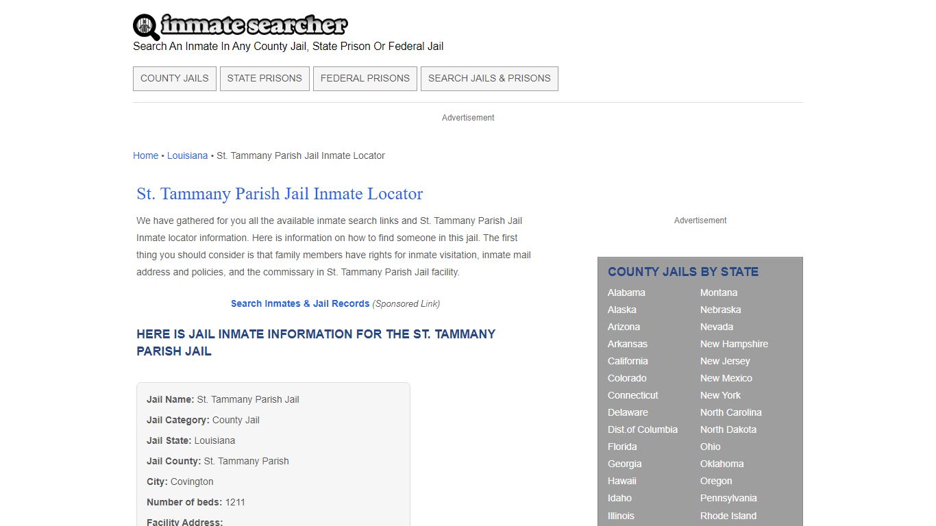 St. Tammany Parish Jail Inmate Locator - Inmate Searcher